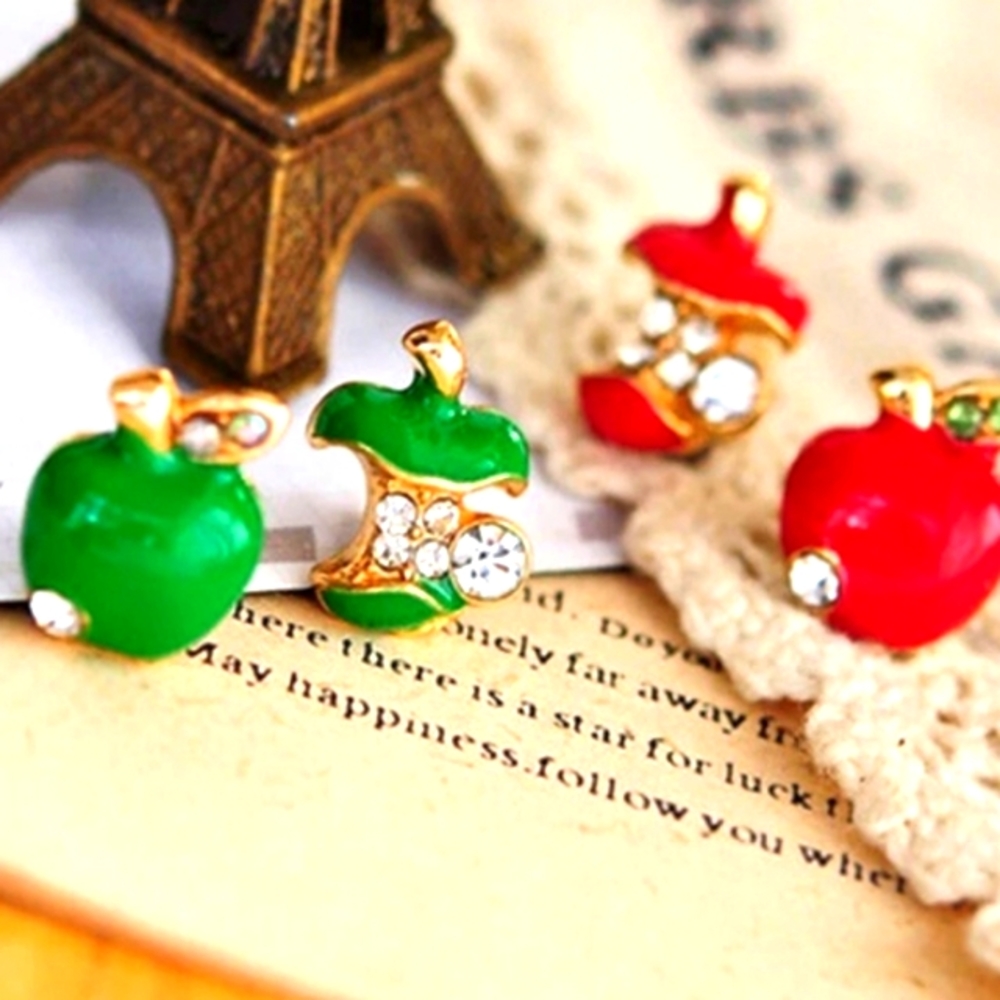 **NEW! Adam & Eve RHINESTONE Crystals Bitten Apple Stud EARRINGS- RED or GREEN